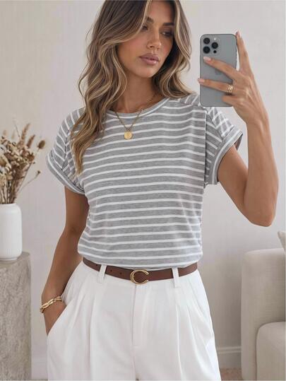 Easowa Women Summer Striped Print Round Neck Batwing Sleeve Casual T-Shirt