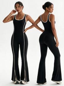 Eassivo Women Sleeveless Workout Jumpsuit, Contrast Piping Tummy Control Flared Jumpsuit Split Hem Athletic Yoga One Piece - Black - View 1