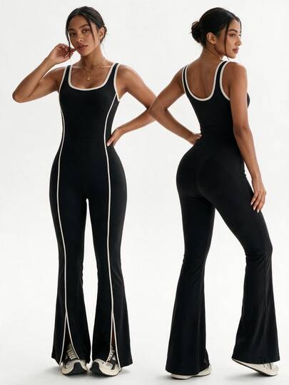 Eassivo Women Sleeveless Workout Jumpsuit, Contrast Piping Tummy Control Flared Jumpsuit Split Hem Athletic Yoga One Piece