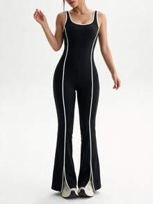 Eassivo Women Sleeveless Workout Jumpsuit, Contrast Piping Tummy Control Flared Jumpsuit Split Hem Athletic Yoga One Piece - Black - View 3