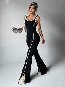 Eassivo Women Sleeveless Workout Jumpsuit, Contrast Piping Tummy Control Flared Jumpsuit Split Hem Athletic Yoga One Piece - Black - View 5