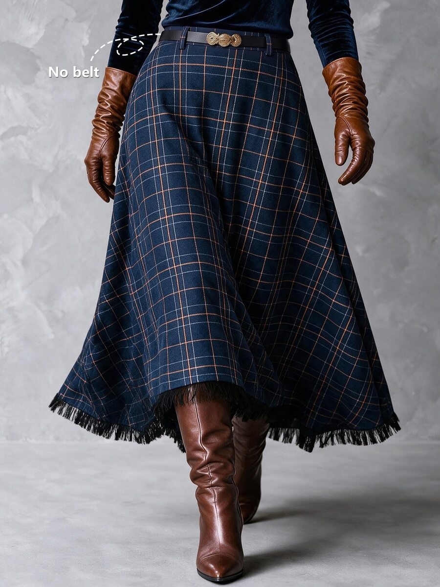 Linhara CURVE Plus Size Plaid Long Tassel Decor Minimalist Autumn/Winter Versatile Daily Commute Women's Skirt - Blue - View 1