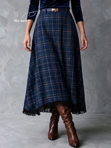 Linhara CURVE Plus Size Plaid Long Tassel Decor Minimalist Autumn/Winter Versatile Daily Commute Women's Skirt - Blue - View 4