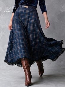 Linhara CURVE Plus Size Plaid Long Tassel Decor Minimalist Autumn/Winter Versatile Daily Commute Women's Skirt - Blue - View 6