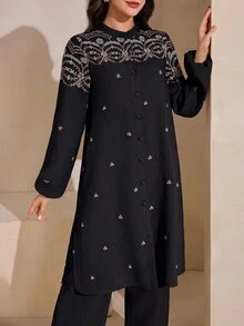 Graceveil 刺繡寬鬆外套與長褲女款阿拉伯服飾套裝，黑色金邊，適合日常、婚禮、辦公，秋季優雅俐落風 - 黑色 - 查看 6