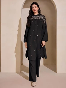 Graceveil 刺繡寬鬆外套與長褲女款阿拉伯服飾套裝，黑色金邊，適合日常、婚禮、辦公，秋季優雅俐落風 - 黑色 - 查看 4