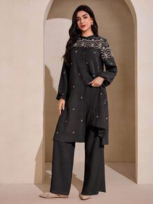 Graceveil 刺繡寬鬆外套與長褲女款阿拉伯服飾套裝，黑色金邊，適合日常、婚禮、辦公，秋季優雅俐落風 - 黑色 - 查看 5