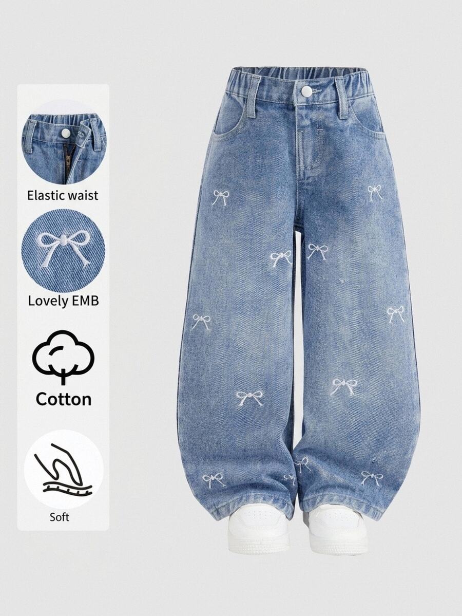 SHEIN 女童藍色牛仔寬鬆長褲,蝴蝶結刺繡圖案,牛仔女孩風格,可愛風,秋季牛仔褲 - 藍色 - 查看 1