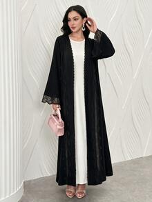 Mulvari Romantic Elegant Solid Color Flared Mesh Lace Decor Women's Abaya - Black - View 1