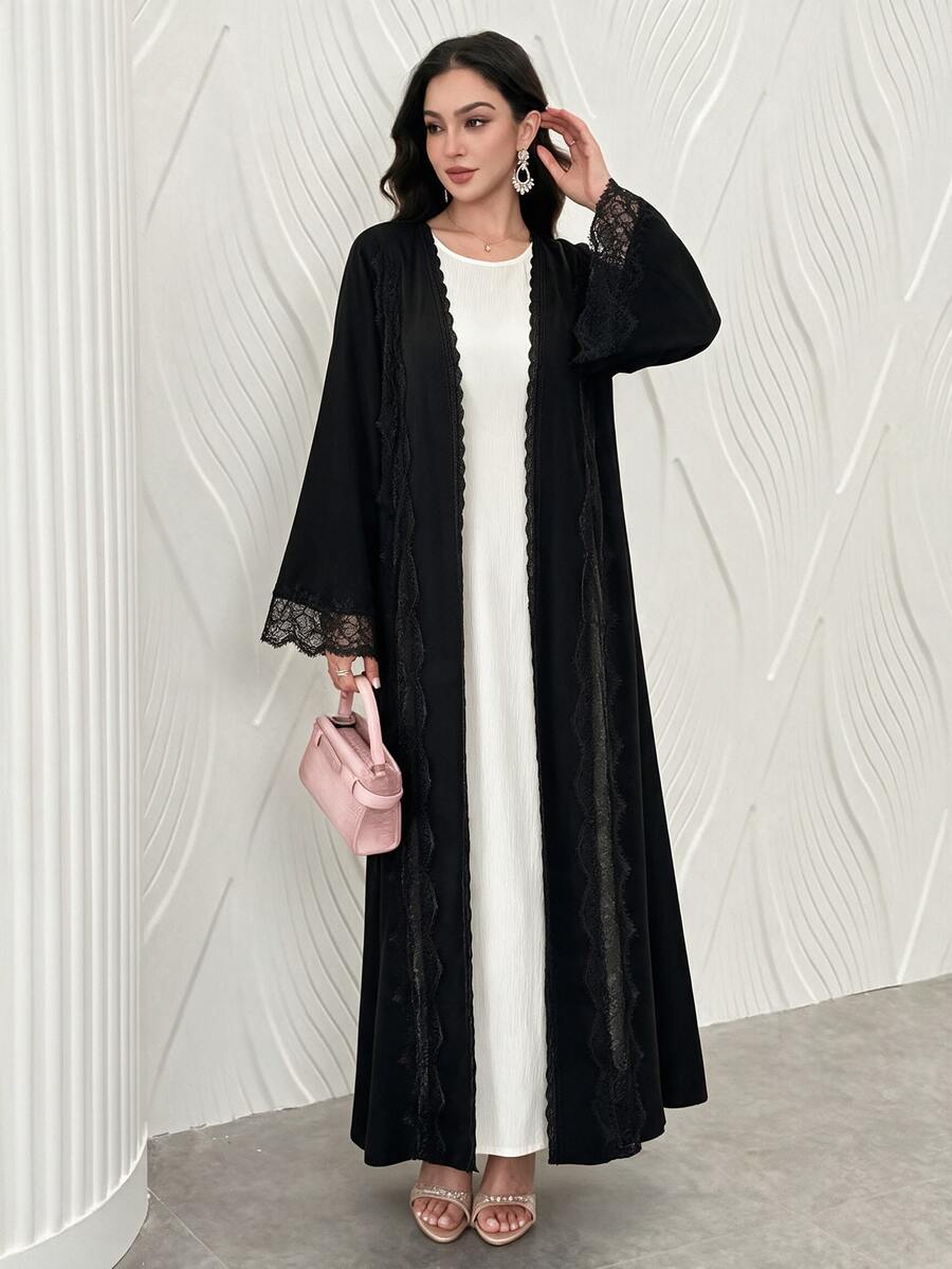 Mulvari Romantic Elegant Solid Color Flared Mesh Lace Decor Women's Abaya - Black - View 1