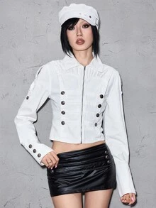 ROMWE Street Life Women's Denim Jacket And Shacket, White Napoleon Vintage Retro Court Street Style - White - View 7