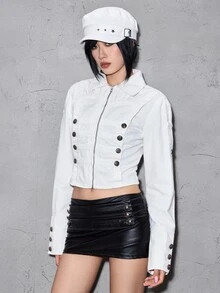 ROMWE Street Life Women's Denim Jacket And Shacket, White Napoleon Vintage Retro Court Street Style - White - View 4