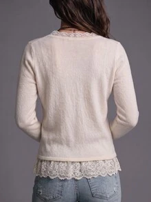 SHEIN Fall Elegant French Romantic Lace Trim V-Neck Knit Cardigan Tops For Women Going Out Brunch Holiday Office Outfit Off-White Long Sleeve Sweate - Khaki - View 3