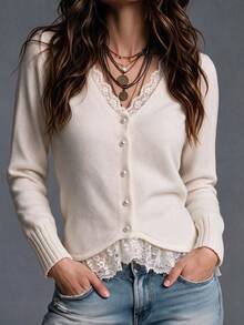 SHEIN Fall Elegant French Romantic Lace Trim V-Neck Knit Cardigan Tops For Women Going Out Brunch Holiday Office Outfit Off-White Long Sleeve Sweate - Khaki - View 2