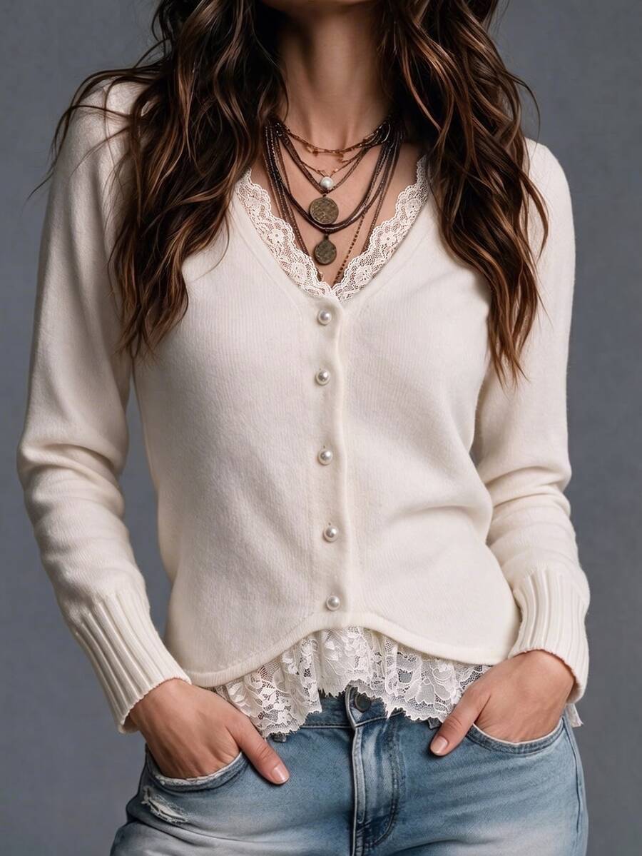 SHEIN Fall Elegant French Romantic Lace Trim V-Neck Knit Cardigan Tops For Women Going Out Brunch Holiday Office Outfit Off-White Long Sleeve Sweate