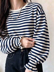 FRIFUL Women's Summer Striped Round Neck Short Sleeve Shirred Cuff T-Shirt - Navy Blue - View 1