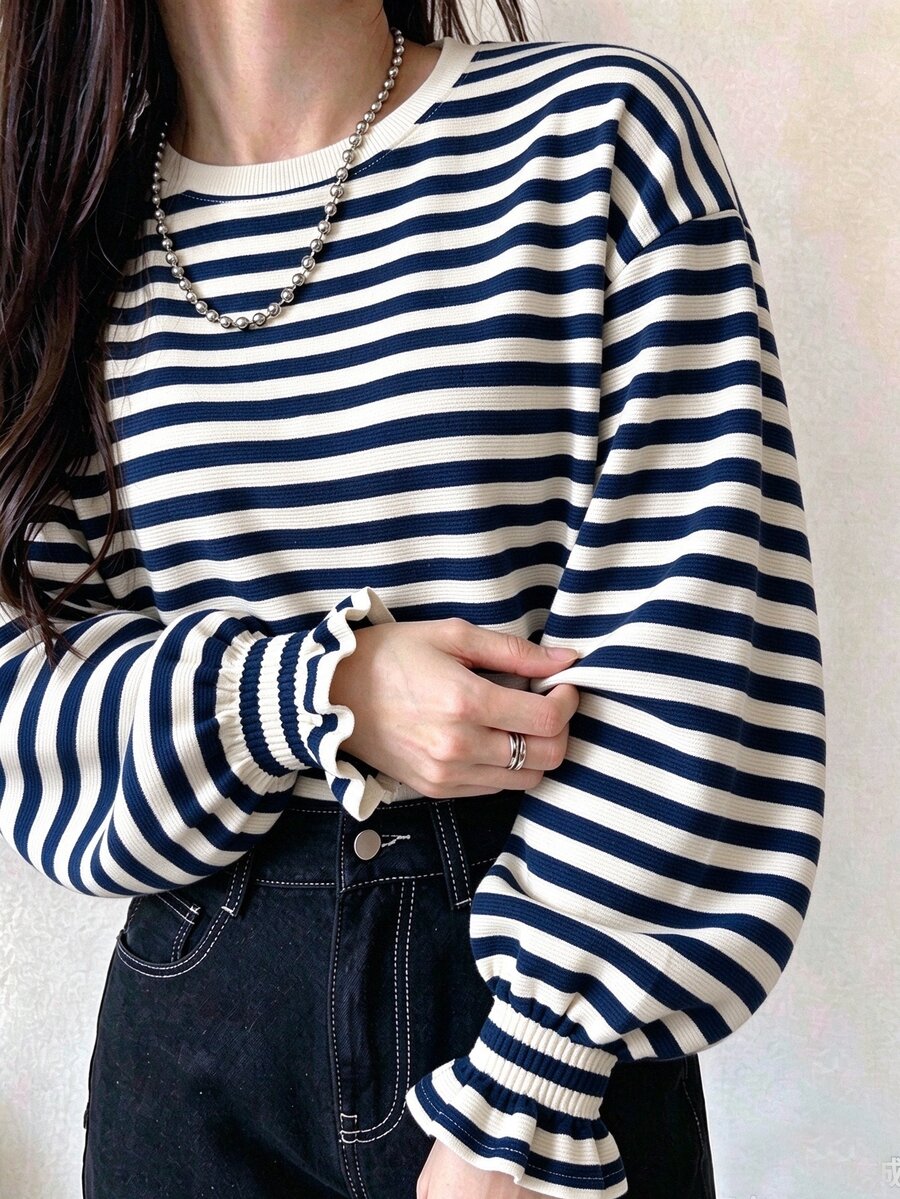 FRIFUL Women's Summer Striped Round Neck Short Sleeve Shirred Cuff T-Shirt - Navy Blue - View 1