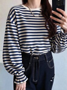 FRIFUL Women's Summer Striped Round Neck Short Sleeve Shirred Cuff T-Shirt - Navy Blue - View 3