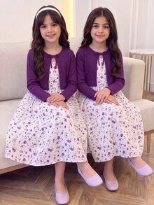 SHEIN Tween Girl Autumn/Winter Solid Color Front Tie Long Sleeve Top And Ditsy Floral Dress Set - Multicolor - View 1