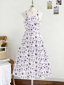 SHEIN Tween Girl Autumn/Winter Solid Color Front Tie Long Sleeve Top And Ditsy Floral Dress Set - Multicolor - View 5