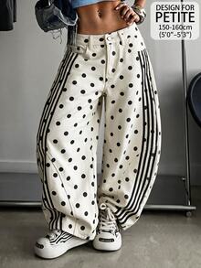 SHEIN PETITE 女款波點寬鬆牛仔褲 - 白色 - 查看 1