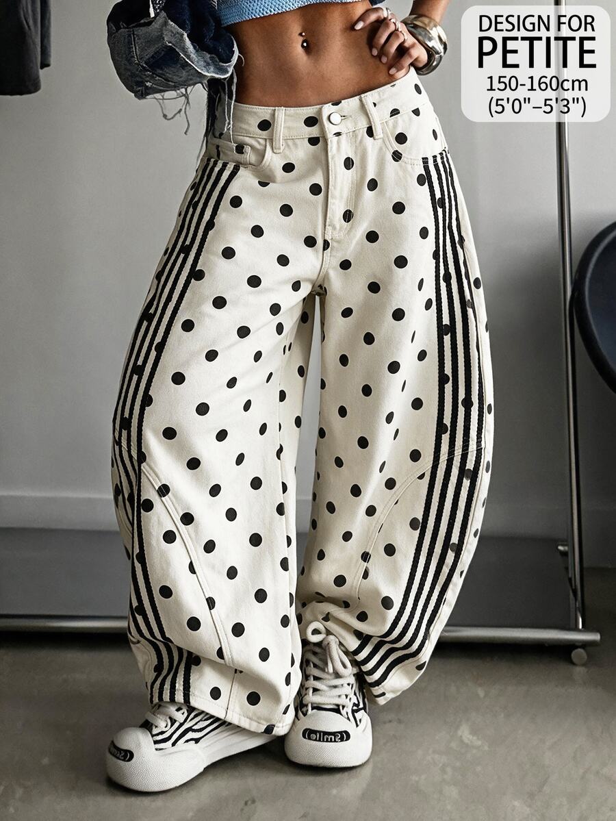 SHEIN PETITE 女款波點寬鬆牛仔褲 - 白色 - 查看 1