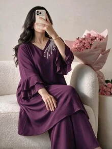 Al Najma Plus Size Women's Rhinestone Vintage Modest Matching Top And Pants Arabic Set Family Thailand Holiday Quinceanera Purple Fall - Purple - View 4