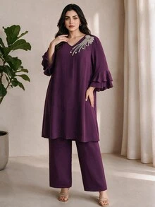 Al Najma Plus Size Women's Rhinestone Vintage Modest Matching Top And Pants Arabic Set Family Thailand Holiday Quinceanera Purple Fall - Purple - View 5