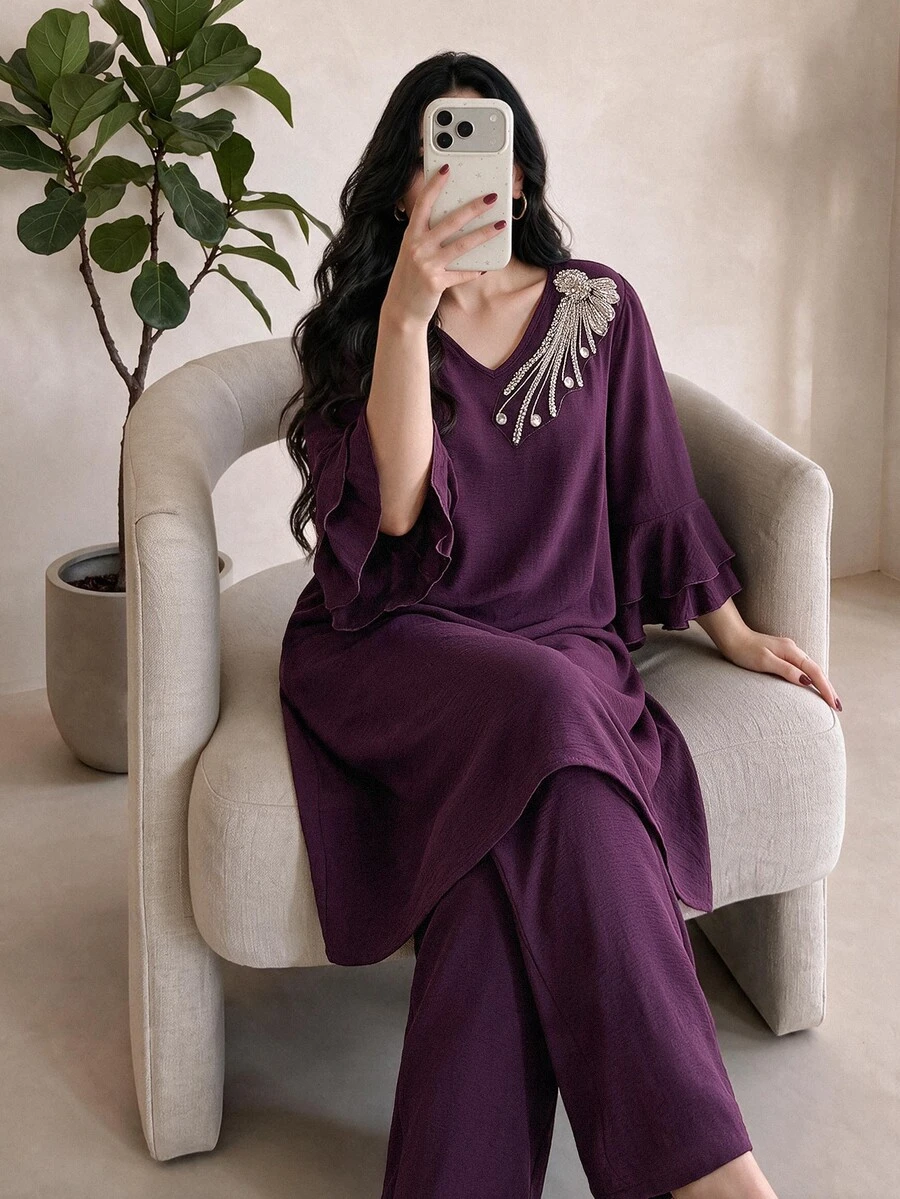 Al Najma Plus Size Women's Rhinestone Vintage Modest Matching Top And Pants Arabic Set Family Thailand Holiday Quinceanera Purple Fall - Purple - View 1