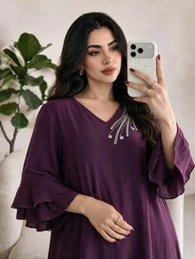 Al Najma Plus Size Women's Rhinestone Vintage Modest Matching Top And Pants Arabic Set Family Thailand Holiday Quinceanera Purple Fall - Purple - View 6