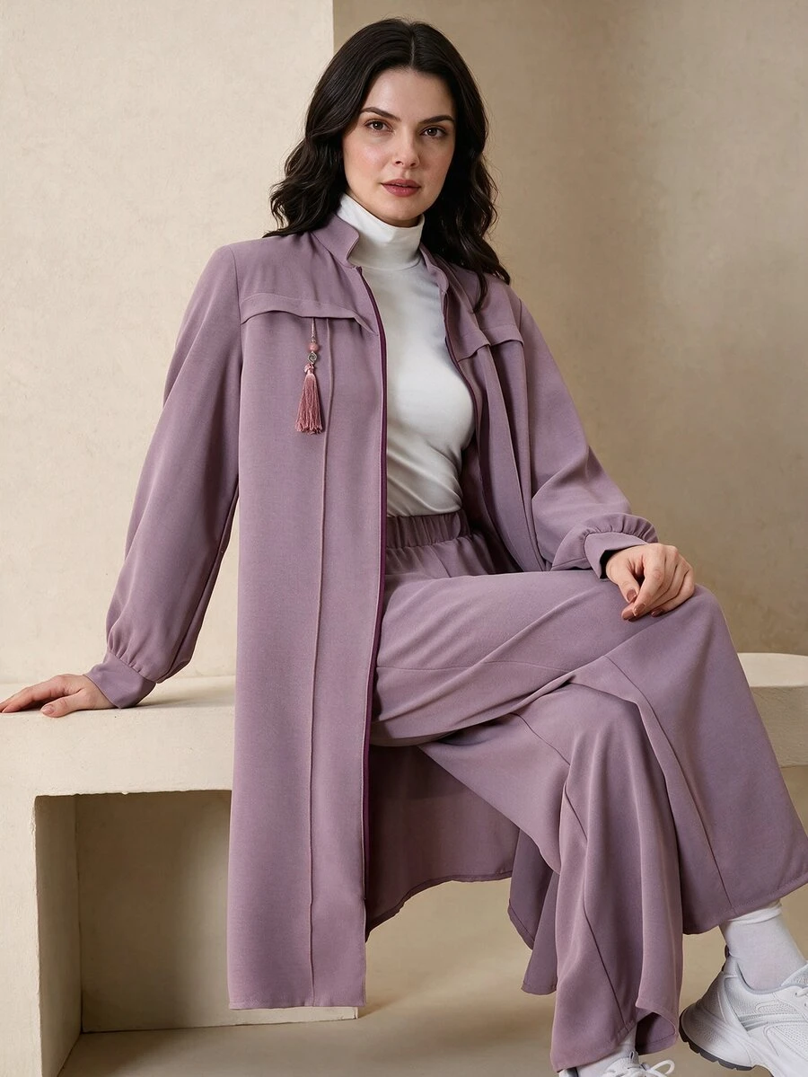 Graceveil Fitted Elegant Solid Color Zipper Long Sleeve Outerwear Arabic Style Women Outfit, Autumn/Winter Fall - Purple - View 1