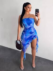 SHEIN SXY 女性夏季無肩帶渲染連衣裙，浪漫荷葉邊設計 - 藍色 - 查看 1