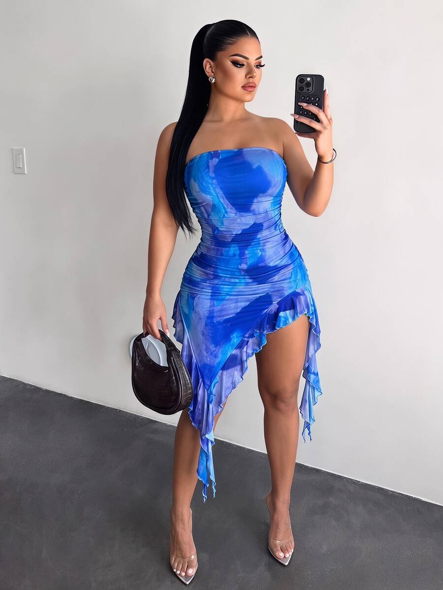 SHEIN SXY 女性夏季無肩帶渲染連衣裙,浪漫荷葉邊設計 - 藍色 - 查看 1