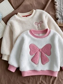 SHEIN 2件組幼童女童運動衫運動褲套裝，甜美可愛粉白蝴蝶結貼花，毛茸茸長毛絨長袖圓領加厚款，適合戶外度假冬季穿搭 - 杏色 - 查看 8