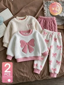 SHEIN 2件組幼童女童運動衫運動褲套裝，甜美可愛粉白蝴蝶結貼花，毛茸茸長毛絨長袖圓領加厚款，適合戶外度假冬季穿搭 - 杏色 - 查看 7