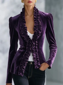 Balvessa Velvet Wavy Ruffle V-Neck Open Front Design Vintage Elegant Puff Long Sleeve Cinched Waist Fit Women's Blazer Dinner Cocktail Dark Purple Fall - Purple - View 1