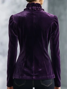 Balvessa Velvet Wavy Ruffle V-Neck Open Front Design Vintage Elegant Puff Long Sleeve Cinched Waist Fit Women's Blazer Dinner Cocktail Dark Purple Fall - Purple - View 2