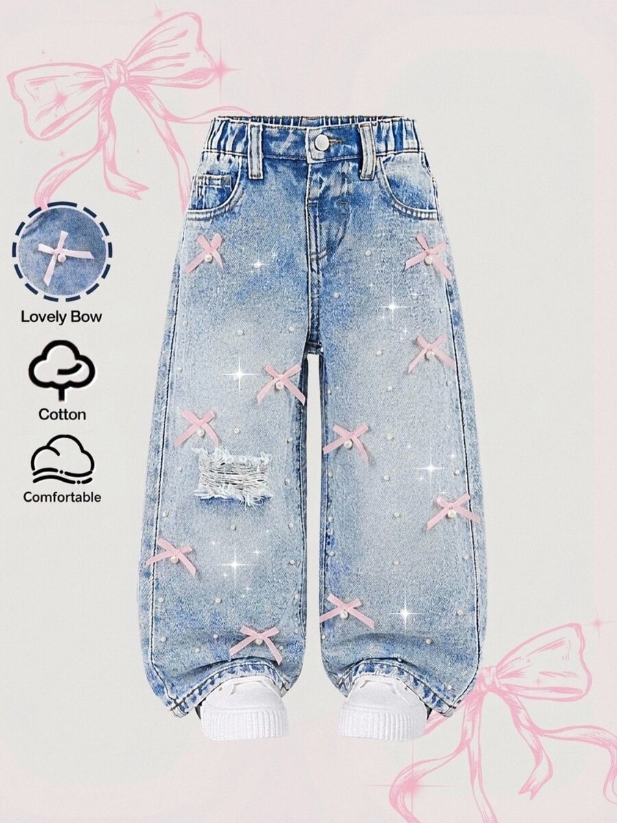 SHEIN 女童秋冬 Y2K 時尚蝴蝶結珍珠裝飾破洞藍色牛仔寬鬆牛仔褲,適合日常與街頭穿搭,聖誕兒童西式風格 - 藍色 - 查看 1