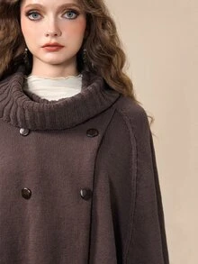 ROMWE Áo cardigan choàng vai nữ màu trơn thời trang đa năng hai hàng khuy - màu nâu - Xem 7