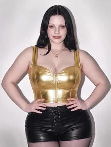 SHEIN ICON Plus Size Solid Color Front Zipper Wide Strap Minimalist Tank Top, Casual Everyday Wear, For Summer - Gold - View 1