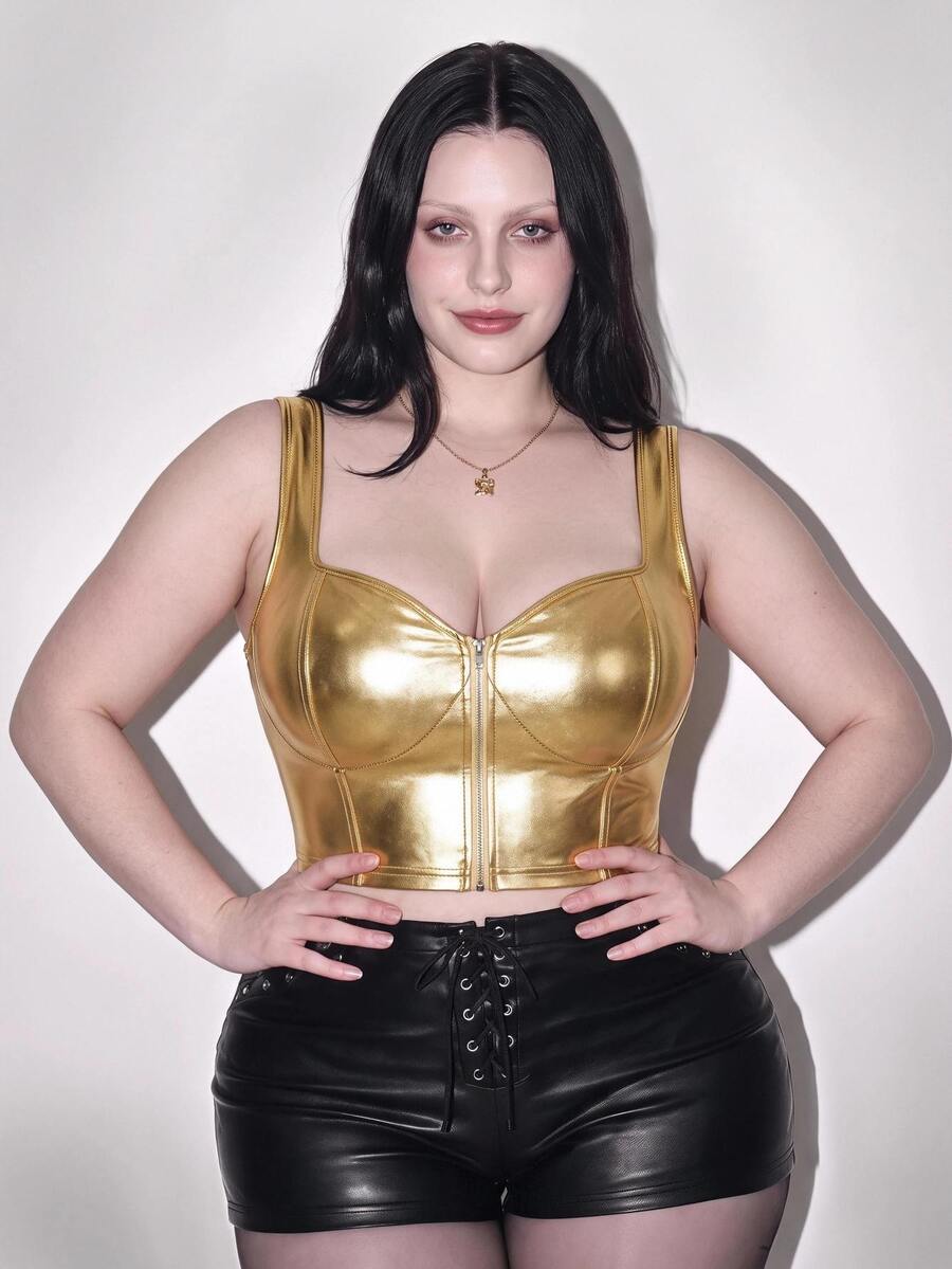 SHEIN ICON Plus Size Solid Color Front Zipper Wide Strap Minimalist Tank Top, Casual Everyday Wear, For Summer - Gold - View 1