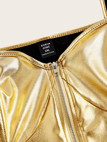 SHEIN ICON Plus Size Solid Color Front Zipper Wide Strap Minimalist Tank Top, Casual Everyday Wear, For Summer - Gold - View 4