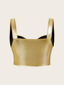 SHEIN ICON Plus Size Solid Color Front Zipper Wide Strap Minimalist Tank Top, Casual Everyday Wear, For Summer - Gold - View 5