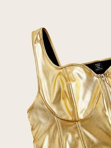 SHEIN ICON Plus Size Solid Color Front Zipper Wide Strap Minimalist Tank Top, Casual Everyday Wear, For Summer - Gold - View 3