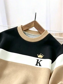 SHEIN 2pcs Young Boy Cool Colorblock Personalized Letter K Fashion Print Crew Neck Sweatshirt And Sweatpants Set, Holiday Parties Birthday Ring Bearer Fall - Multicolor - View 6