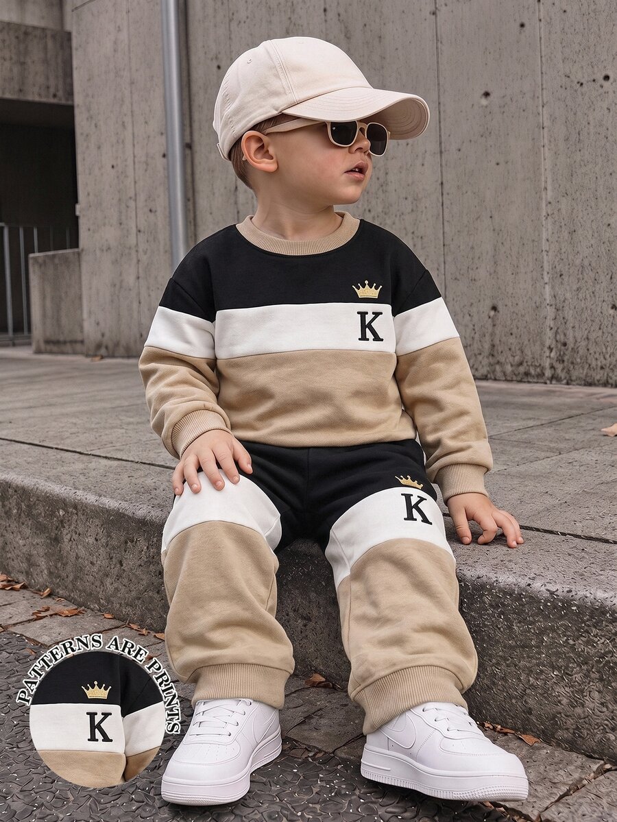SHEIN 2pcs Young Boy Cool Colorblock Personalized Letter K Fashion Print Crew Neck Sweatshirt And Sweatpants Set, Holiday Parties Birthday Ring Bearer Fall