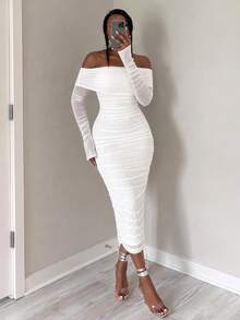 SHEIN SXY Spring And Summer Elegant White Long-Sleeved Off-Shoulder Pleated Mesh Bodycon Dress - White - View 1