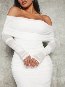 SHEIN SXY Spring And Summer Elegant White Long-Sleeved Off-Shoulder Pleated Mesh Bodycon Dress - White - View 6