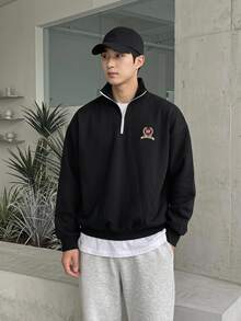 Claim Dot Men's Loose Fit Letter Patched Quarter Zip Sweatshirt, For Tennis, For Fall, Long Sleeve Top - Black - View 1