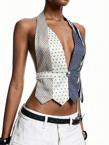 LYSMO Women's Navy Blue And White Halter Striped Tank Top,Summer Y2k Club Night Color Block Backless Camisole,Lace-Up Patchwork Button Front Top - Multicolor - View 4